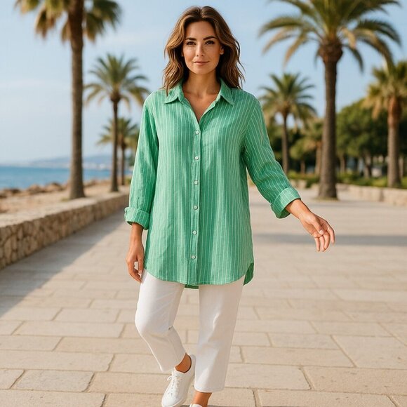 Talbots Linen Boyfriend Shirt - Firefly Stripe Button Down Size L - Picture 2 of 6